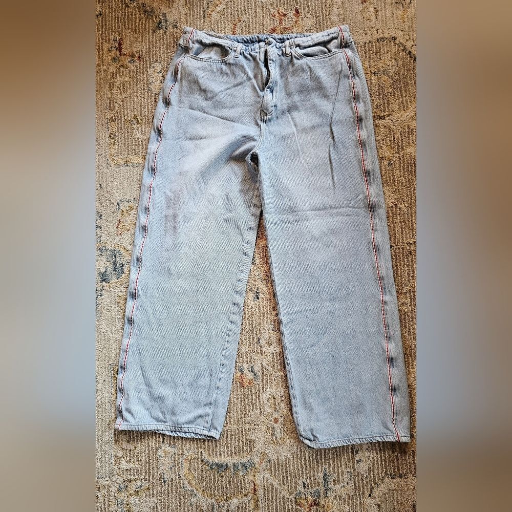 Dear John Wide Leg Cropped Jeans With Red And White Stripe On Side, Size 29